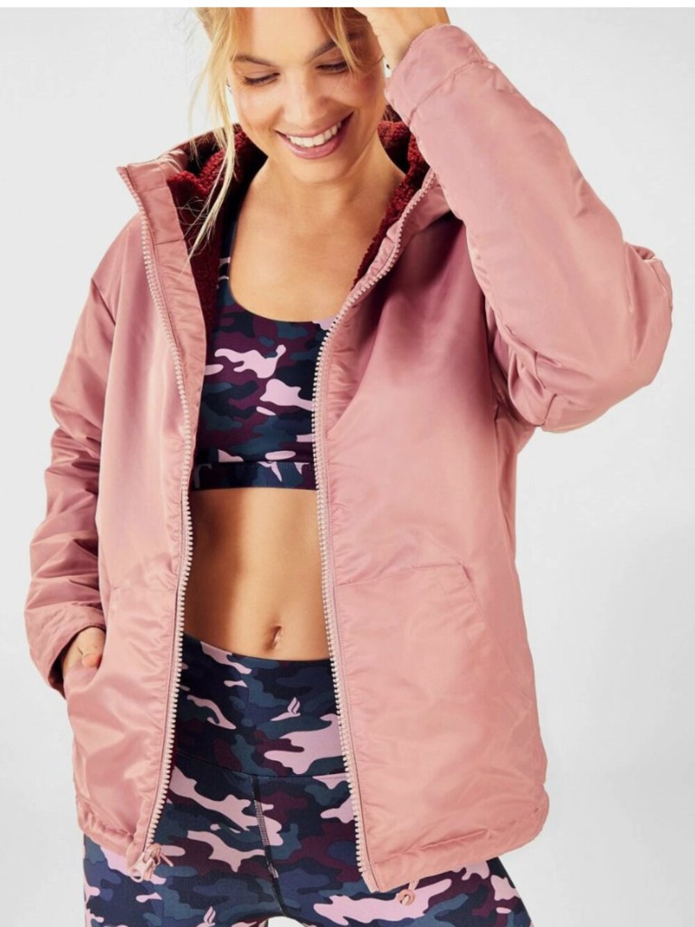 FABLETICS Women's CHER POLAR Red/Pink REVERSIBLE FLEECE JACKET - small